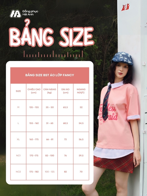 Bảng size mẫu áo lớp Fancy màu lòng tôm
