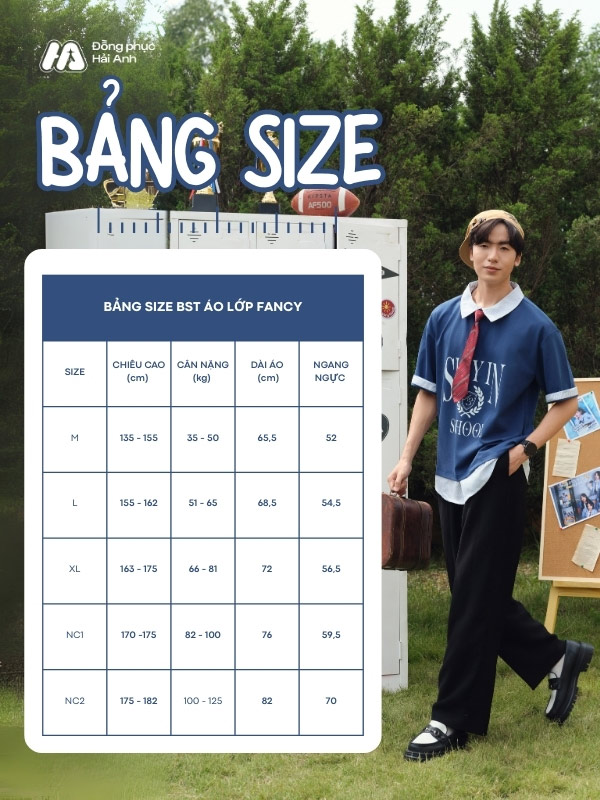 Bảng size áo đồng phục lớp Fancy màu xanh coban 