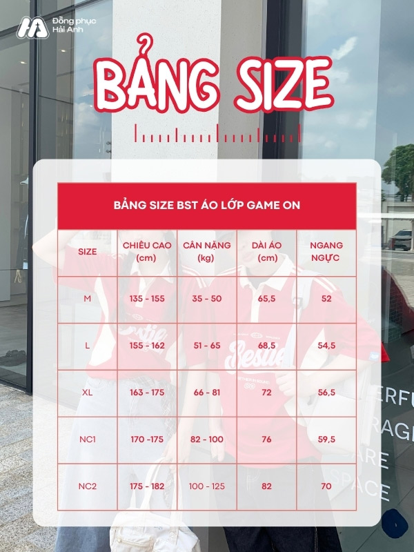 Bảng size áo đồng phục lớp màu đỏ Game On lên form cực chuẩn