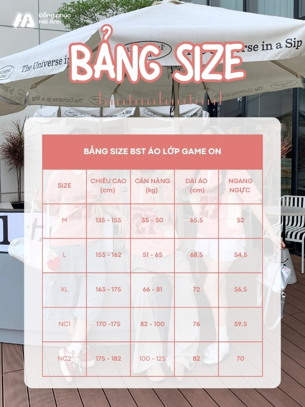 Bảng size áo đồng phục lớp Game On màu lòng tôm tại Đồng Phục Hải Anh