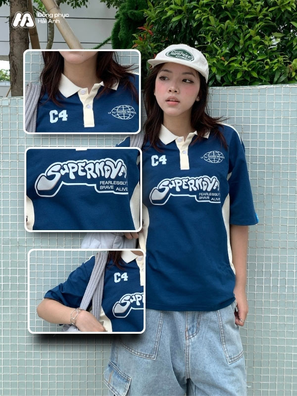 Mẫu áo lớp polo oversize xanh coban Game On cá tính, trendy