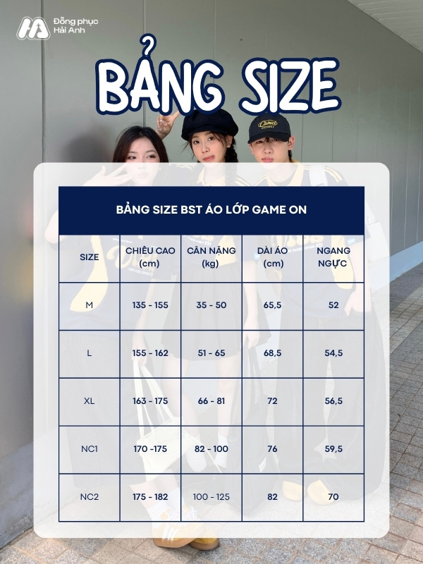 Bảng size chuẩn để áo lớp Game On xanh đen phối vàng vừa vặn, mặc cực “cool”