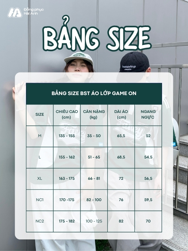 Bảng size áo lớp Game On màu xanh Iris tại Đồng Phục Hải Anh