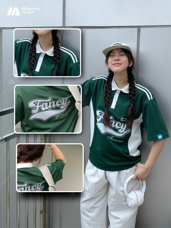 Chi tiết mẫu áo lớp polo oversize Game On xanh Iris