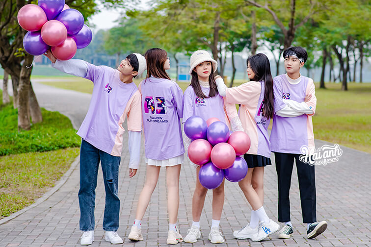 Mẫu áo lớp colormix màu Tím lợt + tôm A3