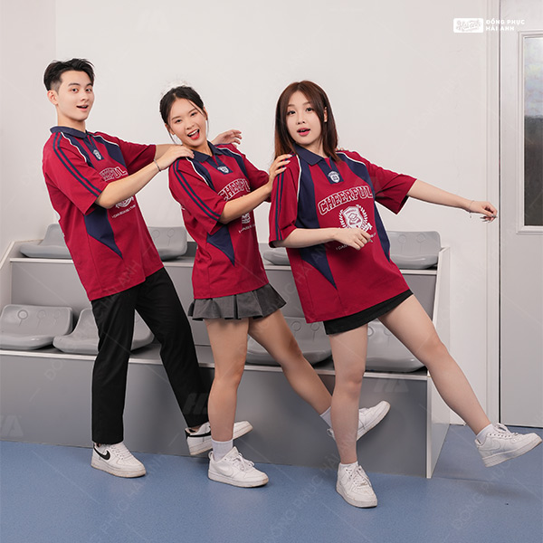 Mẫu Áo Đồng Phục Lớp Polo Oversize Cheerful Màu Đỏ Đô - ảnh 4