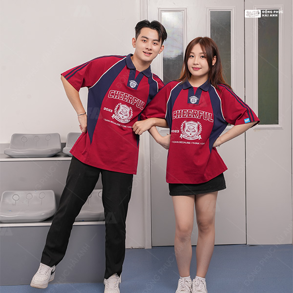 Mẫu Áo Đồng Phục Lớp Polo Oversize Cheerful Màu Đỏ Đô
