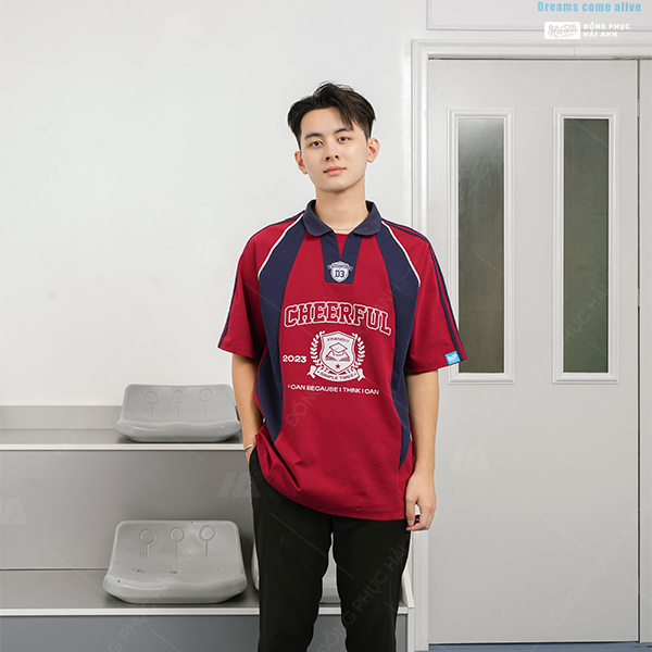 Mẫu Áo Đồng Phục Lớp Polo Oversize Cheerful Màu Đỏ Đô - ảnh 3