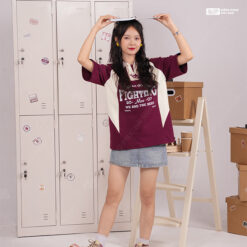 Mẫu Áo Đồng Phục Lớp Polo Oversize Cheerful Màu Đỏ Mận - ảnh 4