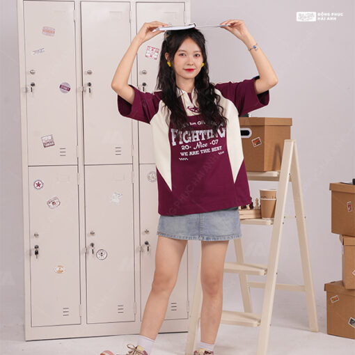 Mẫu Áo Đồng Phục Lớp Polo Oversize Cheerful Màu Đỏ Mận - ảnh 4