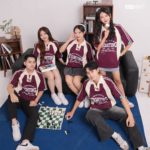 Mẫu Áo Đồng Phục Lớp Polo Oversize Cheerful Màu Đỏ Mận - ảnh 3