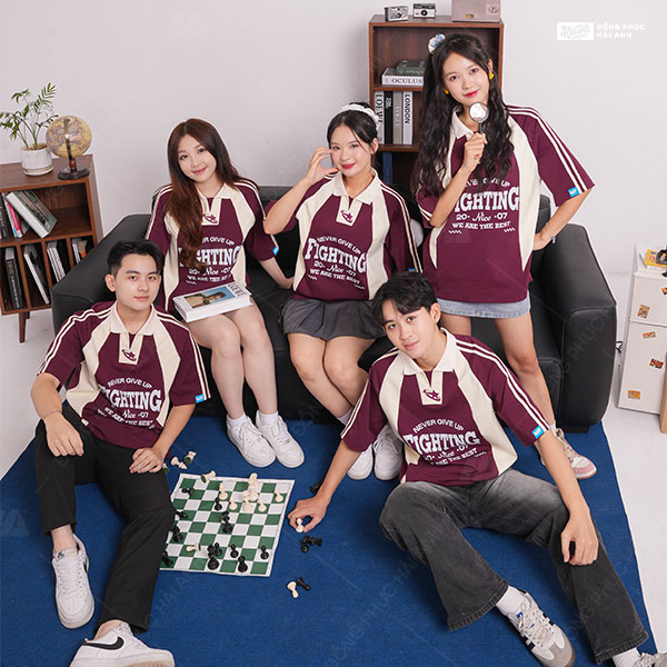 Mẫu Áo Đồng Phục Lớp Polo Oversize Cheerful Màu Đỏ Mận - ảnh 3