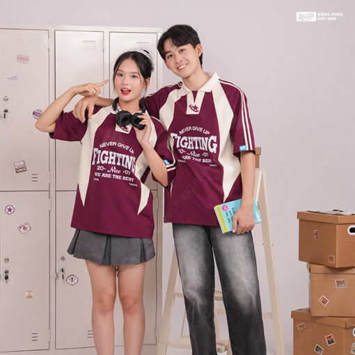 Mẫu Áo Đồng Phục Lớp Polo Oversize Cheerful Màu Đỏ Mận - ảnh 5