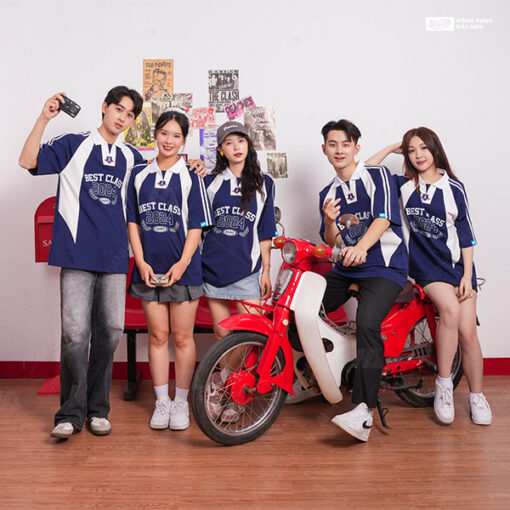 Mẫu Áo Đồng Phục Lớp Polo Oversize Cheerful Màu Xanh Đen - ảnh 4