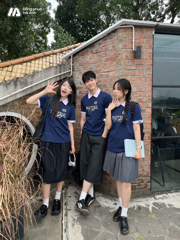 Mẫu Áo Lớp Polo Unisex Fancy Màu Xanh Đen Phối Hồng
