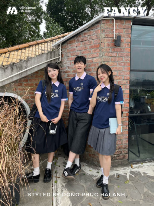 Mẫu Áo Lớp Polo Unisex Fancy Màu Xanh Đen Phối Hồng - ảnh 2
