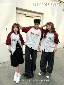 Mẫu Áo Lớp Sơ Mi Oversize Dazzling Màu Xám Phối Đỏ Đô