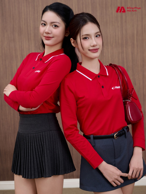 Mẫu áo đồng phục công ty kiểu polo Canon màu đỏ thiết kế tối giản, sang trọng