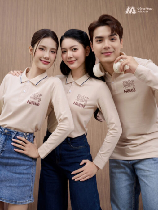 Mẫu Áo Polo Đồng Phục Công Ty Dài Tay Nestle Màu Be