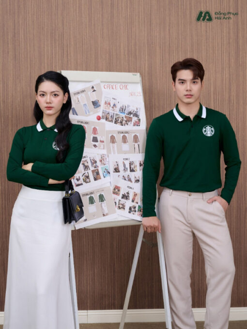 Mẫu Áo Polo Đồng Phục Công Ty Dài Tay Starbucks Màu Ve Chai - ảnh 3