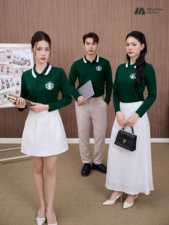 Mẫu Áo Polo Đồng Phục Công Ty Dài Tay Starbucks Màu Ve Chai