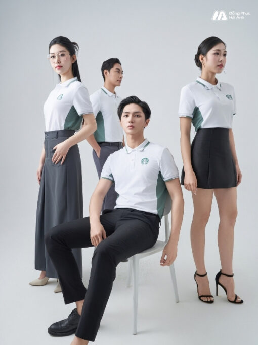 Mẫu Áo Polo Đồng Phục Starbucks Màu Trắng Gạo Phối Vỏ Đậu