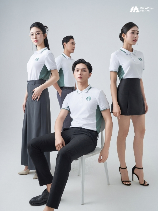 Mẫu Áo Polo Đồng Phục Starbucks Màu Trắng Gạo Phối Vỏ Đậu