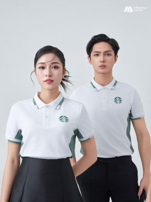 Mẫu Áo Polo Đồng Phục Starbucks Màu Trắng Gạo Phối Vỏ Đậu - ảnh 3