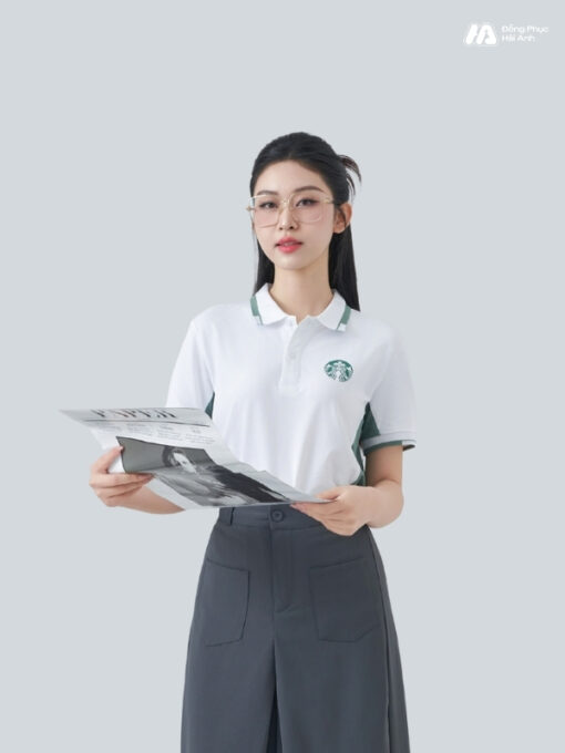 Mẫu Áo Polo Đồng Phục Starbucks Màu Trắng Gạo Phối Vỏ Đậu - ảnh 2