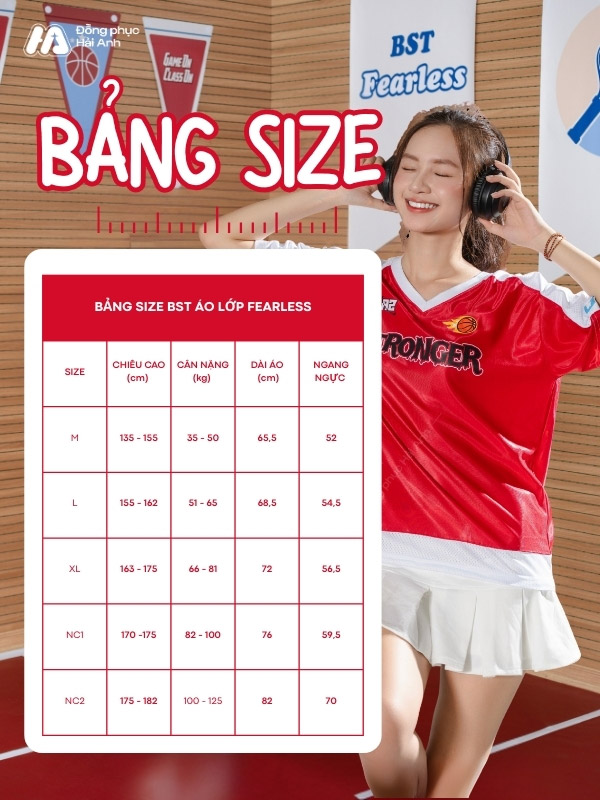 Chi tiết bảng size mẫu áo lớp Fearless cổ tim