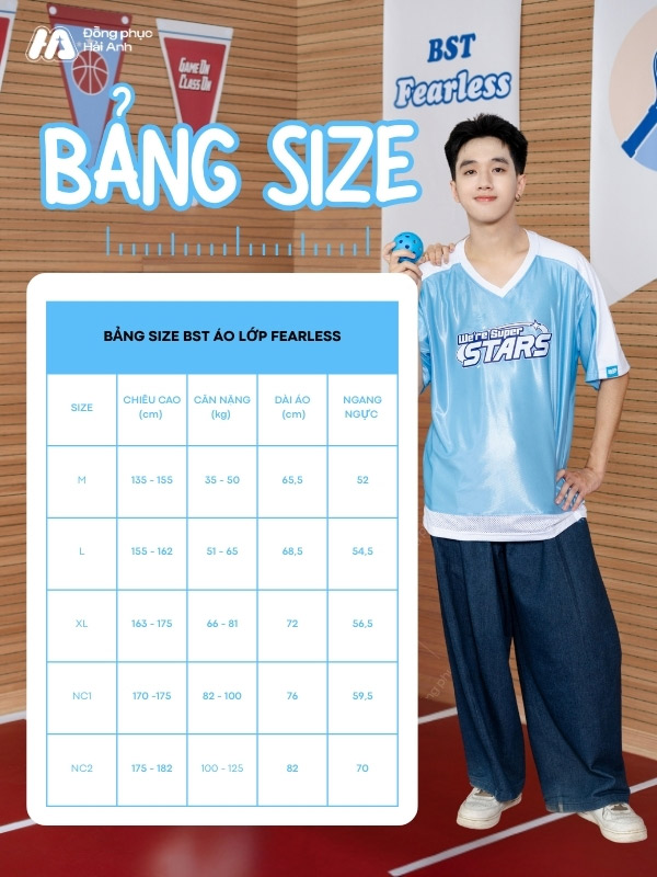 Tham khảo bảng size áo lớp Fearless xanh da trời 
