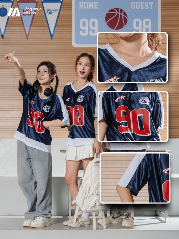 Mẫu áo thun đồng phục lớp cổ tim thiết kế oversize phối lưới trắng cá tính