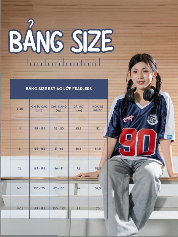 Bảng size tiêu chuẩn dành riêng cho áo lớp oversize cổ tim Fearless