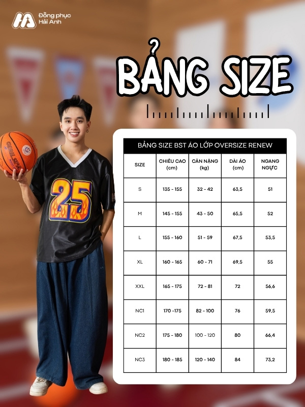 Bảng size áo thun đồng phục oversize màu đen