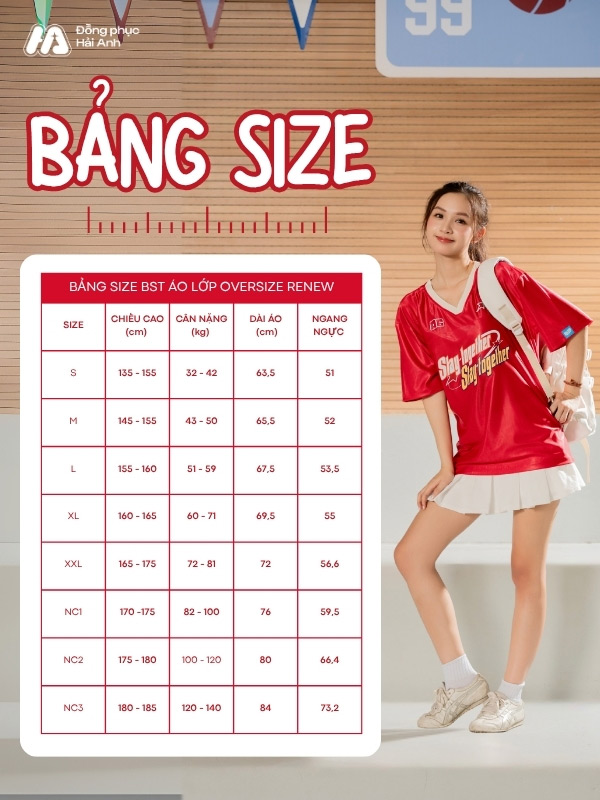 Bảng size áo thun đồng phục lớp oversize màu đỏ đô tại Đồng phục Hải Anh