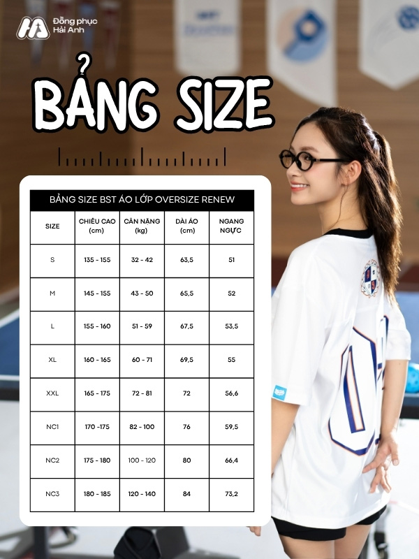 Bảng size áo thun đồng phục lớp oversize cổ tim màu trắng