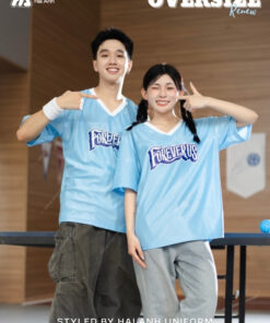 Mẫu Áo Thun Đồng Phục Lớp Oversize Cổ Tim Màu Xanh Da Trời