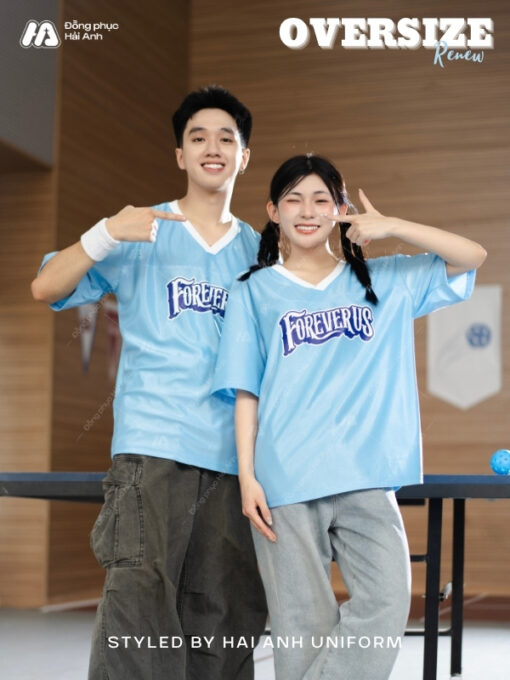 Mẫu Áo Thun Đồng Phục Lớp Oversize Cổ Tim Màu Xanh Da Trời