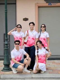 Mẫu Áo Thun Polo Đồng Phục Summer Crew Màu Hồng Phối Trắng