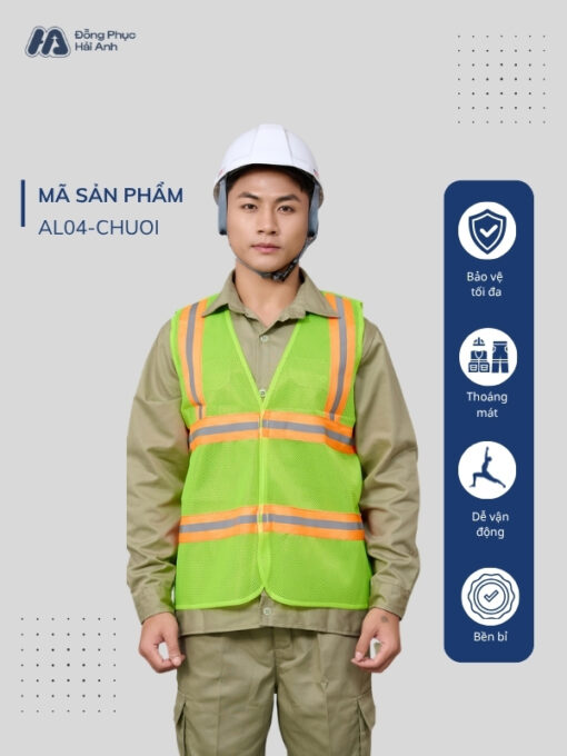 Mẫu Đồng Phục Áo Lưới Bảo Hộ Lao Động Mã 04 Màu Xanh Chuối Phối Cam
