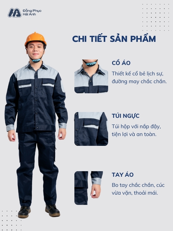 Đồng phục bảo hộ màu xanh than đen phối ghi thoáng khí, thiết kế đơn giản