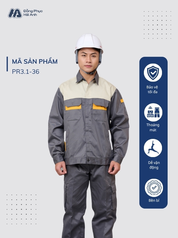 Mẫu Đồng Phục Bảo Hộ Lao Động Vải Kaki Protect 3.1 Mã 36 Màu Ghi Đậm