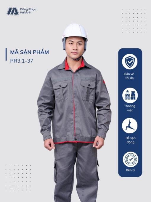 Mẫu Đồng Phục Bảo Hộ Lao Động Vải Kaki Protect 3.1 Mã 37 Màu Ghi Đậm