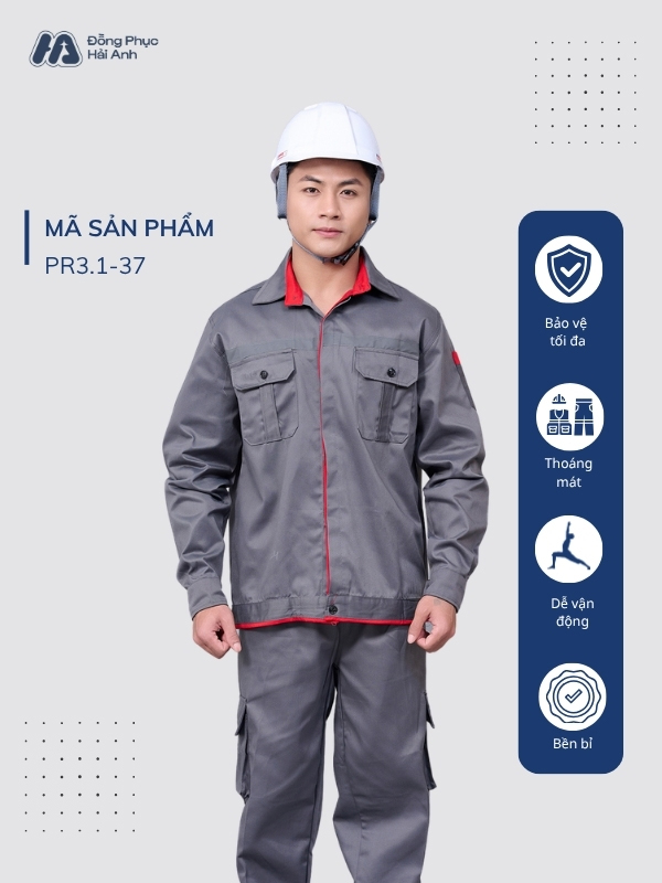 Mẫu Đồng Phục Bảo Hộ Lao Động Vải Kaki Protect 3.1 Mã 37 Màu Ghi Đậm