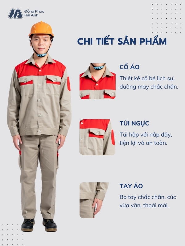 Chi tiết thiết kế đồ bảo hộ lao động mã 17 màu xám làm từ vải Pangrim 2.1