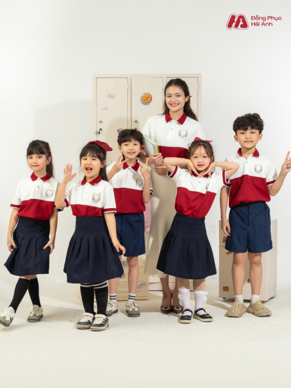 Mẫu Đồng Phục Mầm Non Màu Đỏ Phối Nửa Thân - ảnh 3