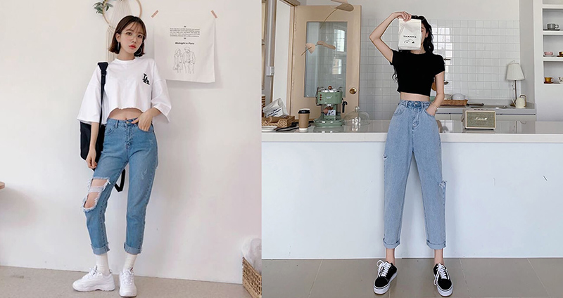 Quần baggy jeans phối áo croptop cùng với giày sneaker