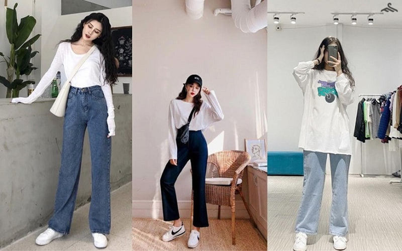 Áo phông trắng phối cùng quần jean ống rộng thích hợp đi chơi, đi học